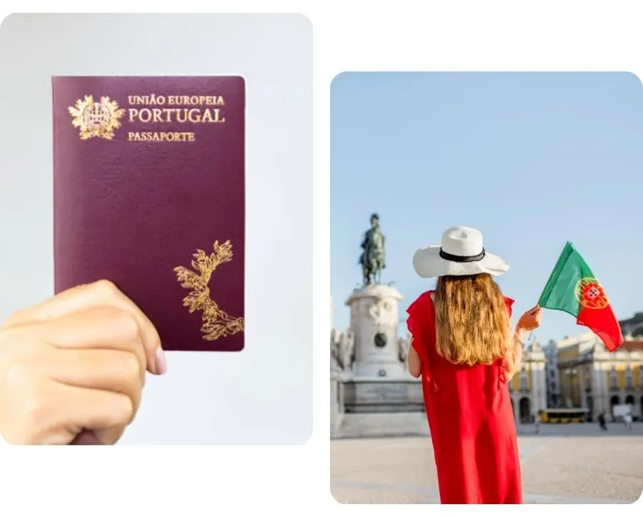 Imagem de um passaporte italiano e uma pessoa segurando uma bandeira de Portugal.
