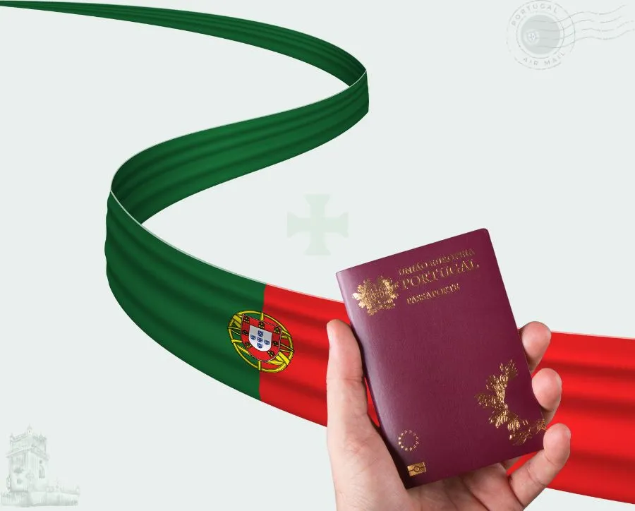 Imagem mostra uma bandeira portuguesa estendida como se fosse um caminho até um passaporte