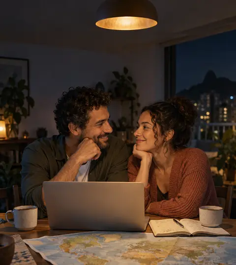 Casal à mesa da sala, à noite, conversando sobre a mudança com um notebook e um mapa-múndi